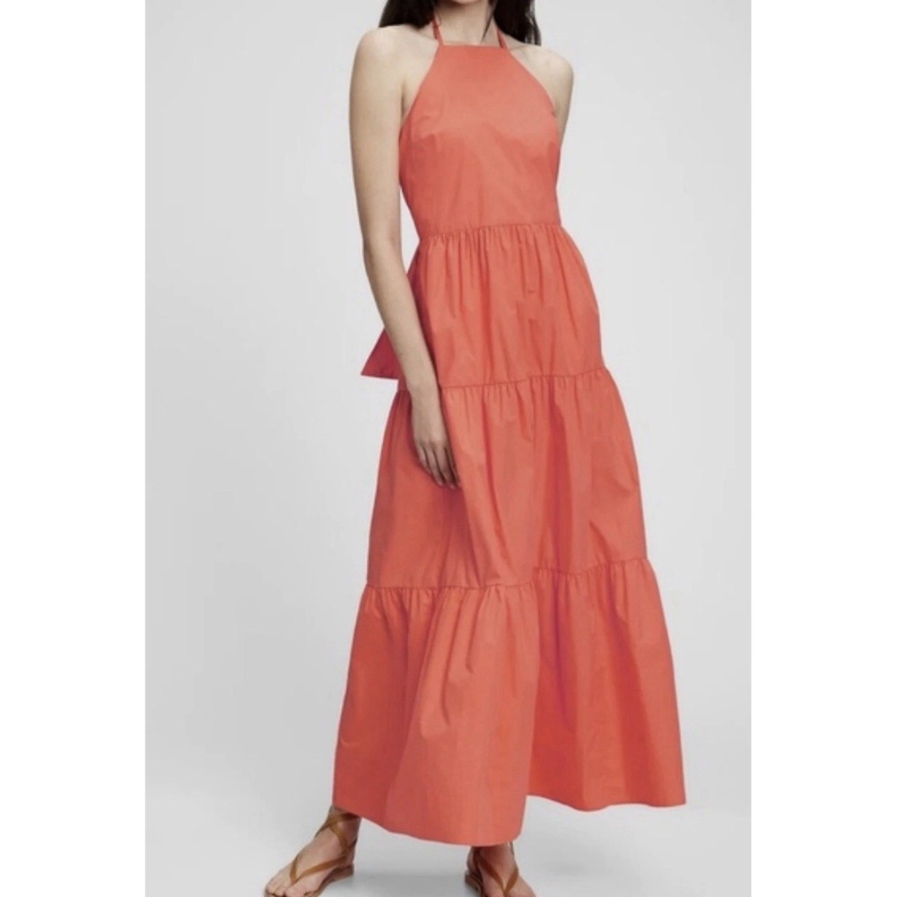 The Gap Coral Halter Tie‎ Back dress Maxi Tiered Sundress Size 8 Pockets